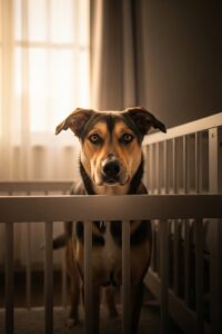 Protective mixed-breed rescue dog standing guard over a sleeping infant in a nursery