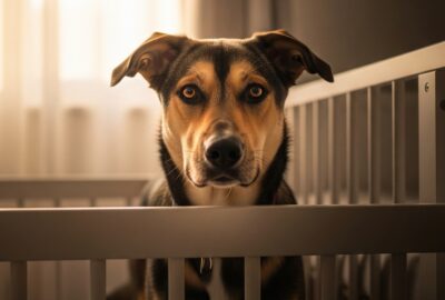 Protective mixed-breed rescue dog standing guard over a sleeping infant in a nursery