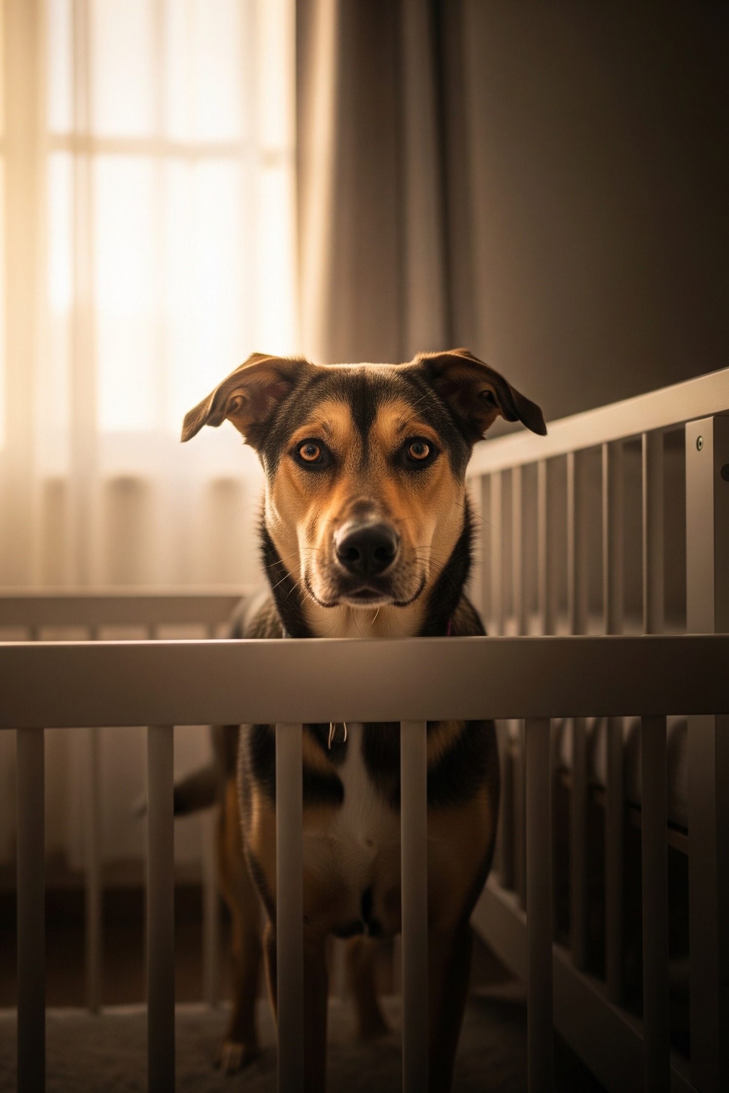 Protective mixed-breed rescue dog standing guard over a sleeping infant in a nursery