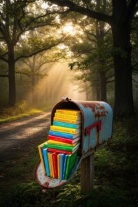 A colorful stack of children's books on a rural porch mailbox at golden hour