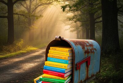 A colorful stack of children's books on a rural porch mailbox at golden hour