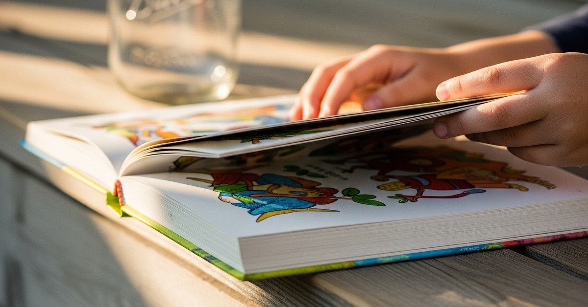 Small child sitting on wooden steps reading a bright picture book alone