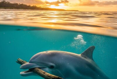 Humpback dolphin emerging from shallow water near a quiet coastal shore at dusk