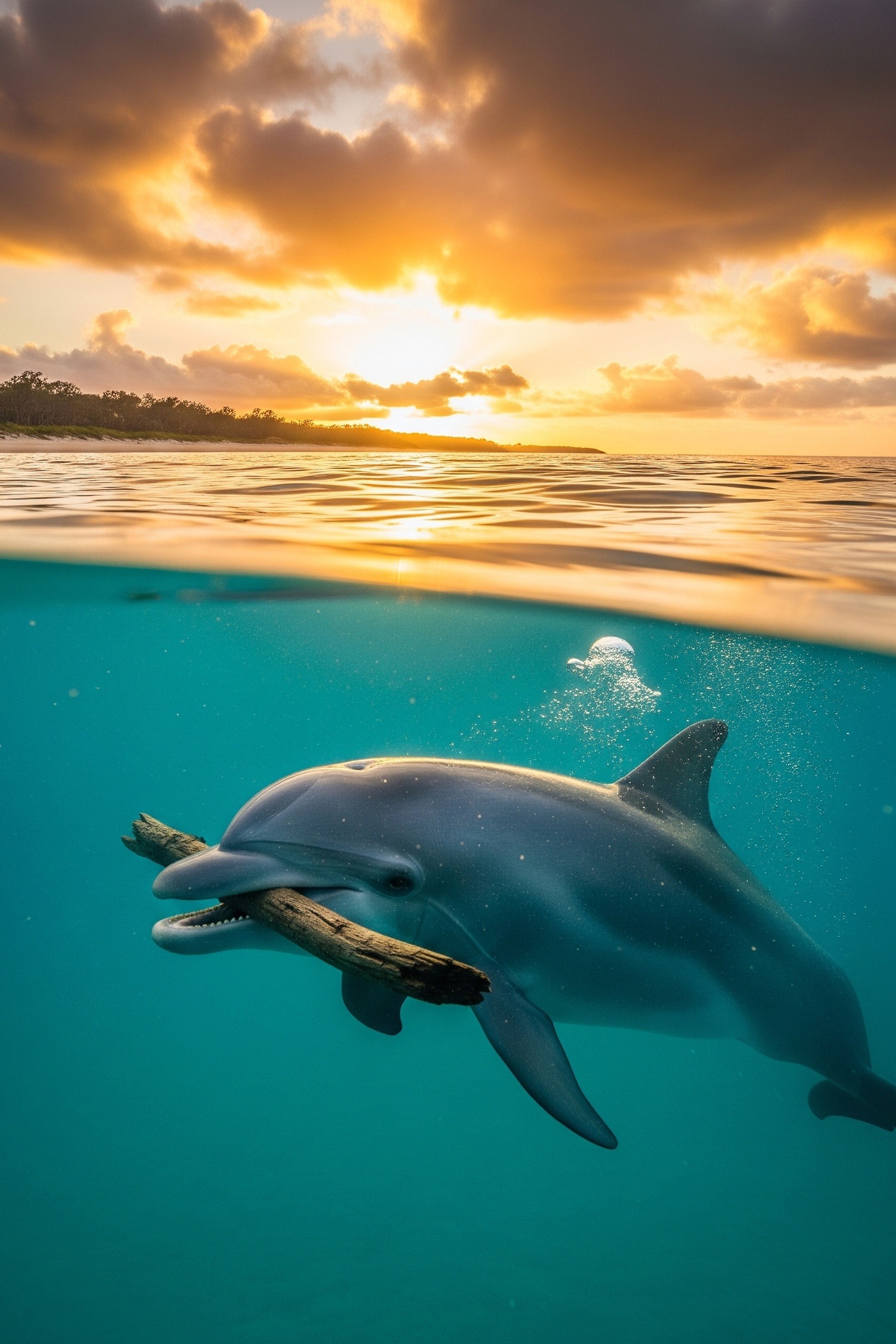 Humpback dolphin emerging from shallow water near a quiet coastal shore at dusk