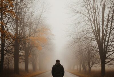 Lone man walking a foggy empty road at dusk, silhouette fading into mist