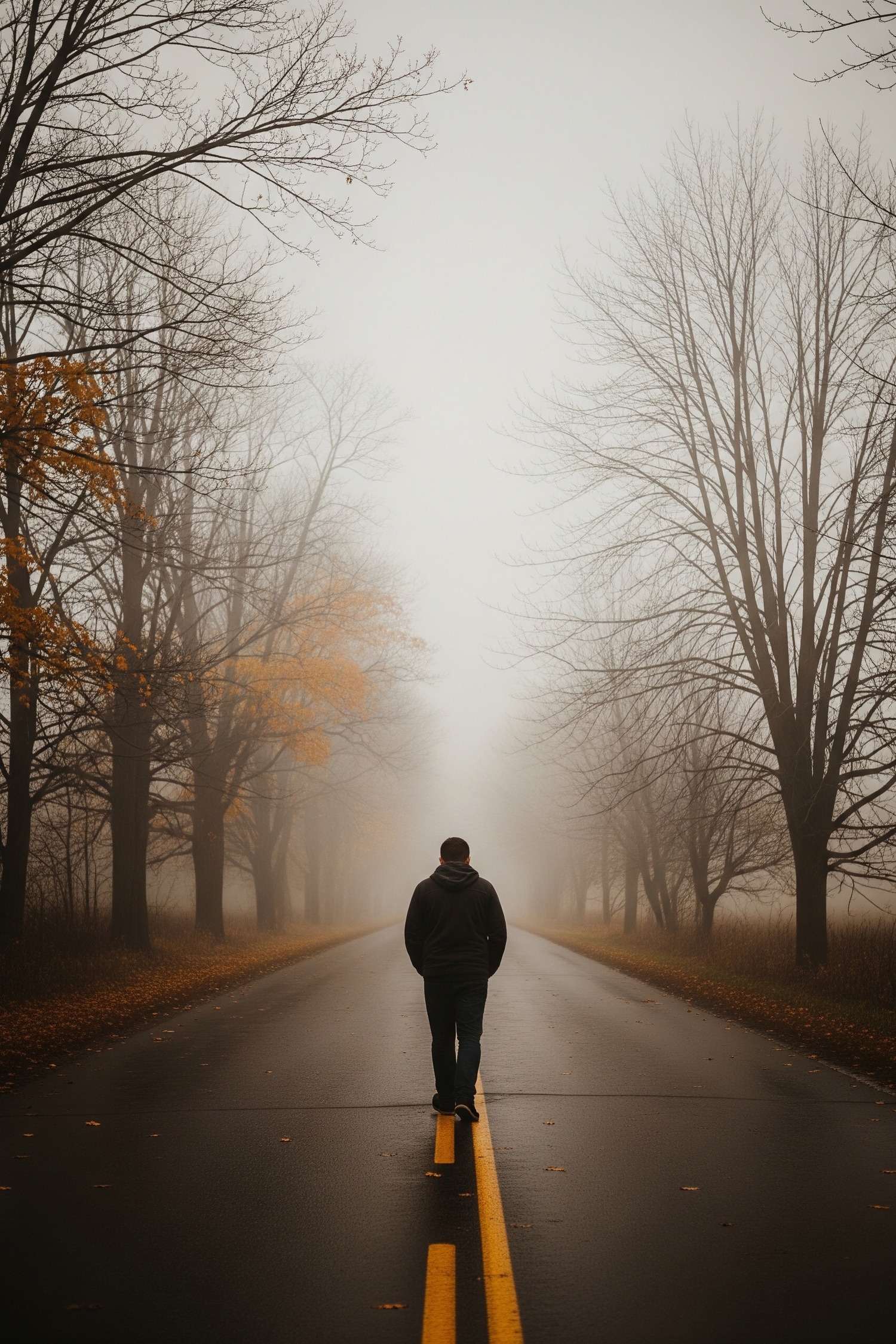 Lone man walking a foggy empty road at dusk, silhouette fading into mist