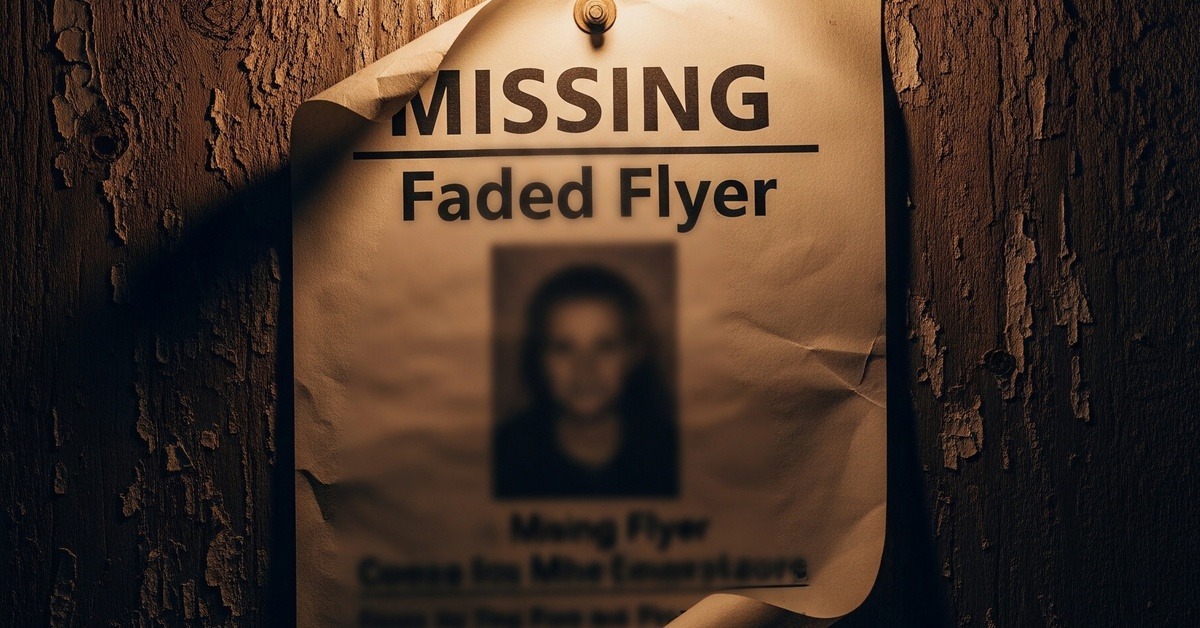Close-up of worn missing persons flyer pinned to a weathered wooden board