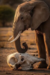 African elephant matriarch gently touching a skull with her trunk in golden savanna light