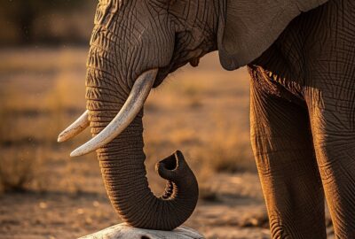 African elephant matriarch gently touching a skull with her trunk in golden savanna light