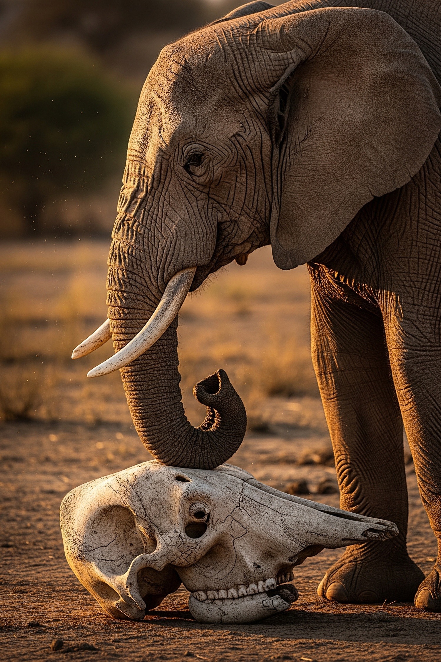 African elephant matriarch gently touching a skull with her trunk in golden savanna light