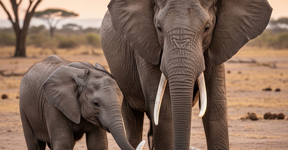 Young elephant calf watching elder touch ancient bones on dry African plains