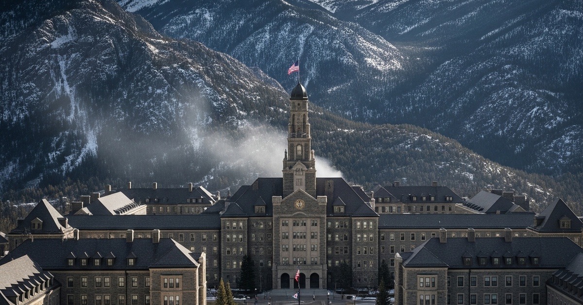 Aerial view of the United States Air Force Academy nestled in Colorado Springs high altitude terrain