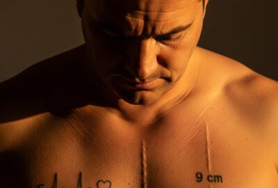 Father and young son showing matching chest scars from open heart surgery tattoo