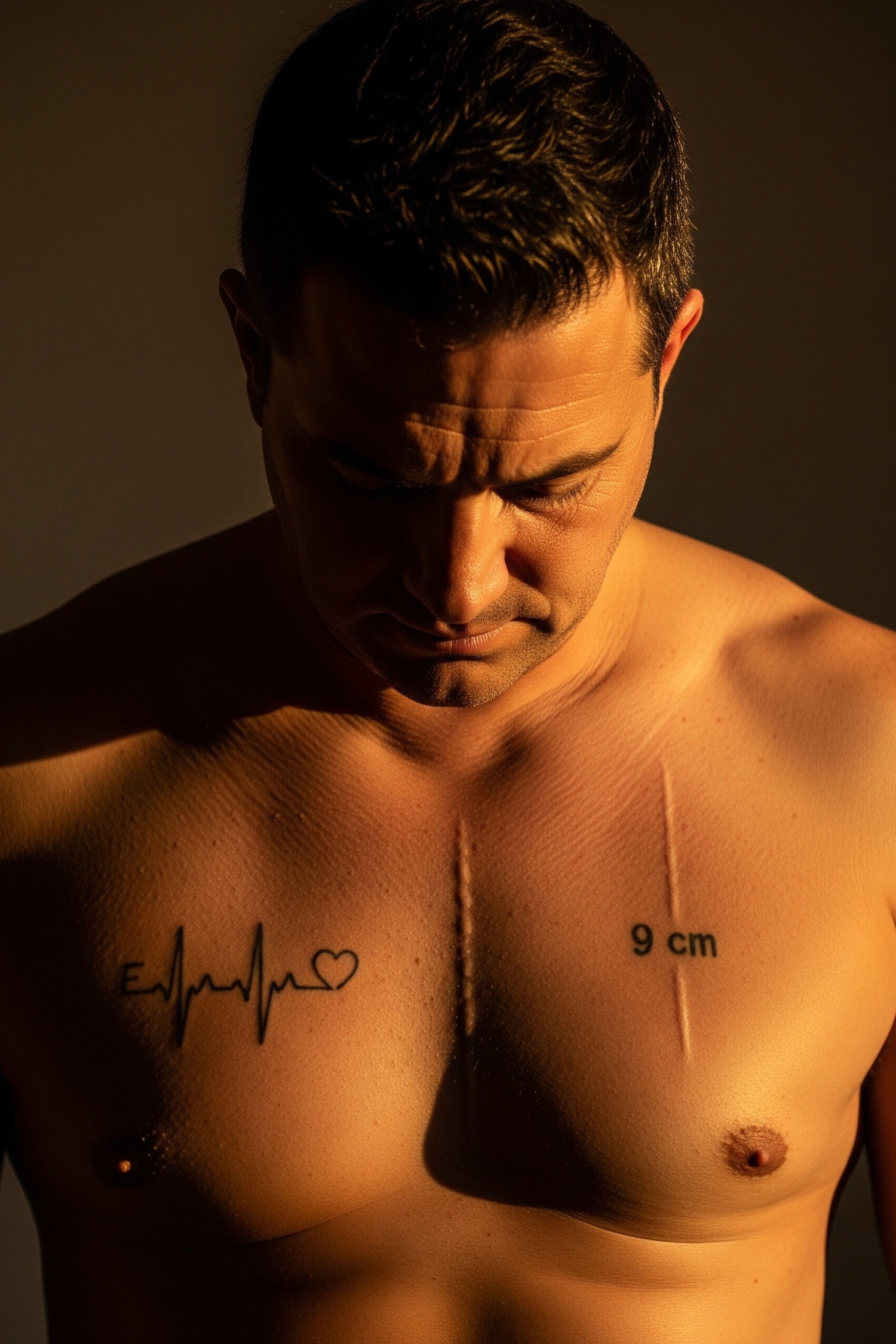 Father and young son showing matching chest scars from open heart surgery tattoo