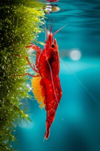 Close-up of a female cherry red shrimp carrying a cluster of eggs beneath her abdomen