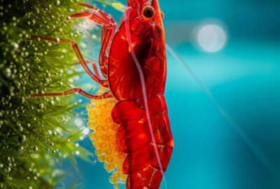 Close-up of a female cherry red shrimp carrying a cluster of eggs beneath her abdomen