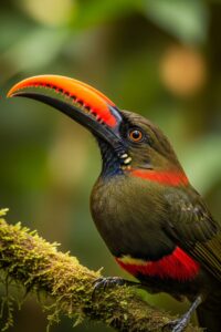 Fiery-billed Araçari perched in Costa Rica rainforest showing vivid orange-red bill