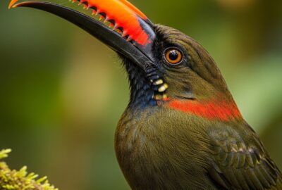 Fiery-billed Araçari perched in Costa Rica rainforest showing vivid orange-red bill