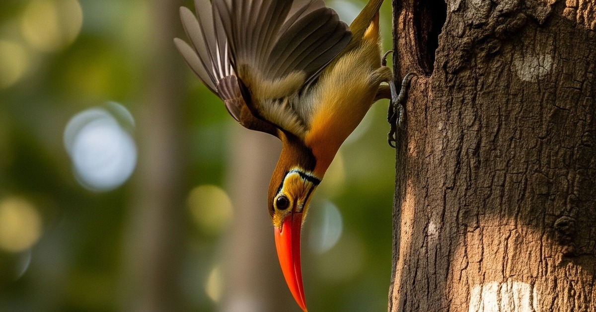 Close-up of Fiery-billed Araçari bill detail amid lush green tropical foliage