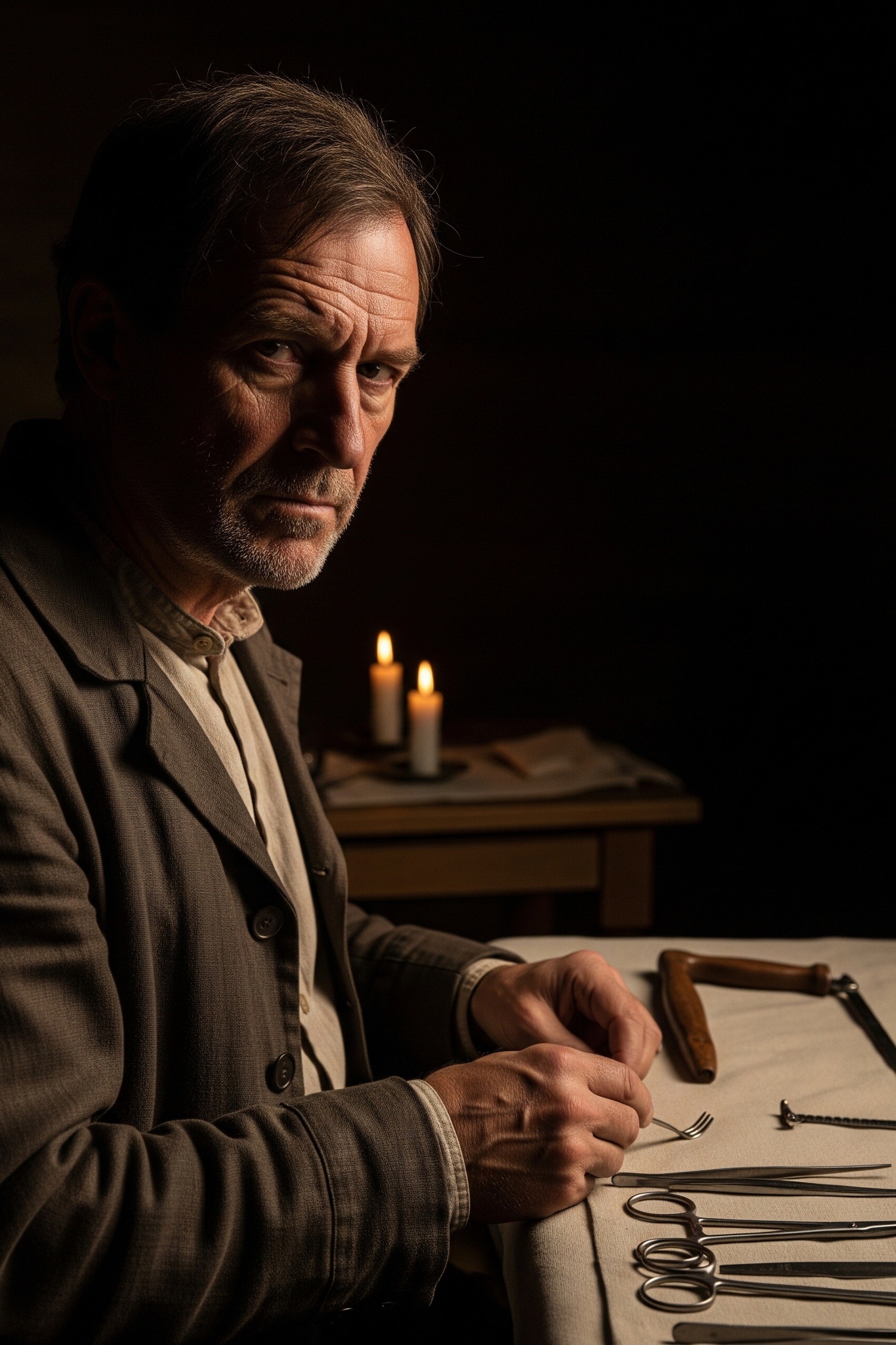 A 19th-century frontier surgeon preparing to perform a groundbreaking abdominal operation by candlelight