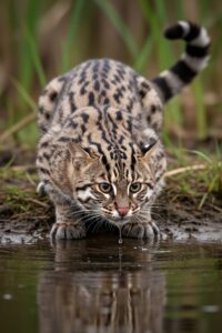 A wild fishing cat crouching low over a river preparing to plunge underwater for prey