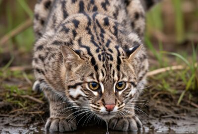 A wild fishing cat crouching low over a river preparing to plunge underwater for prey