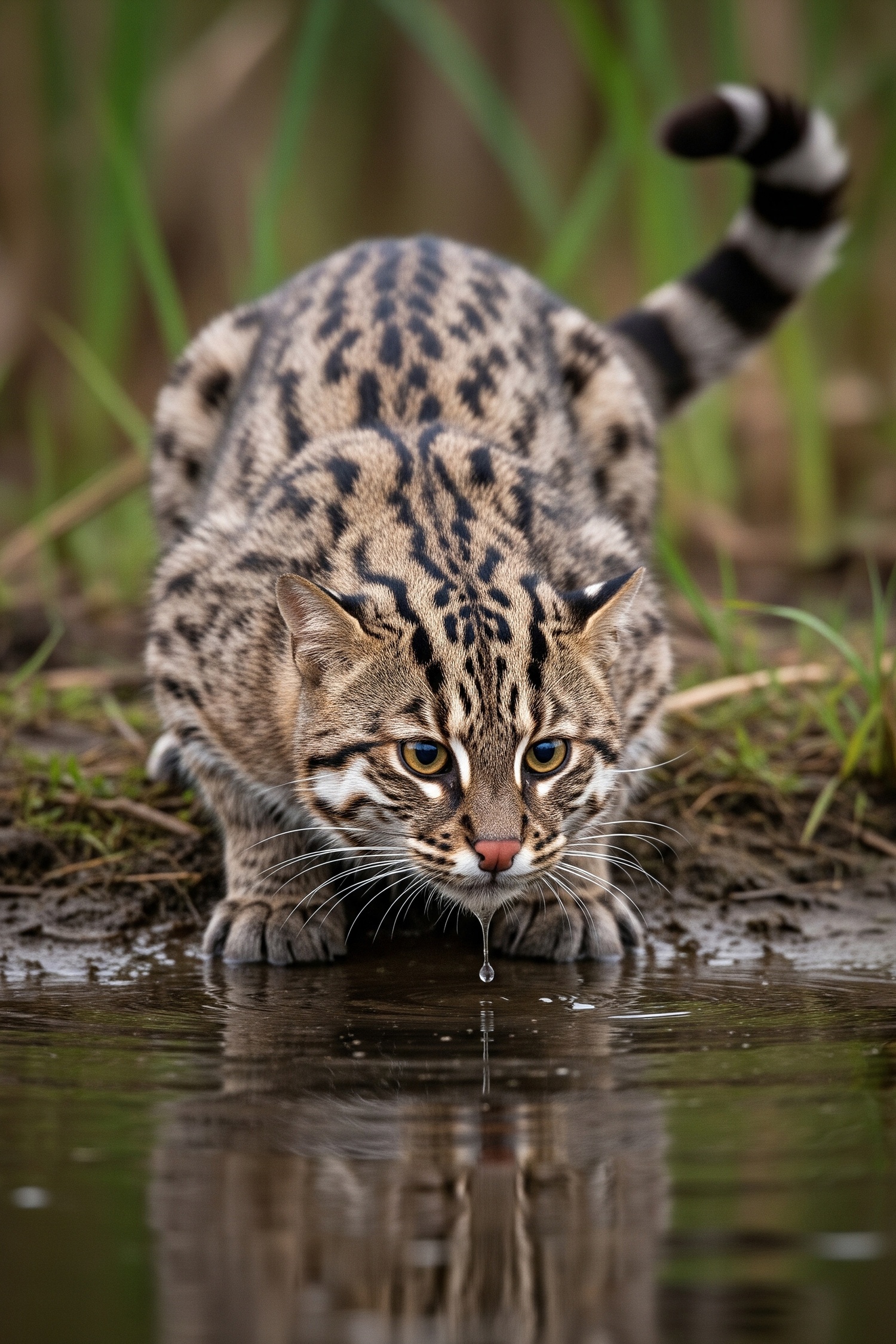 A wild fishing cat crouching low over a river preparing to plunge underwater for prey