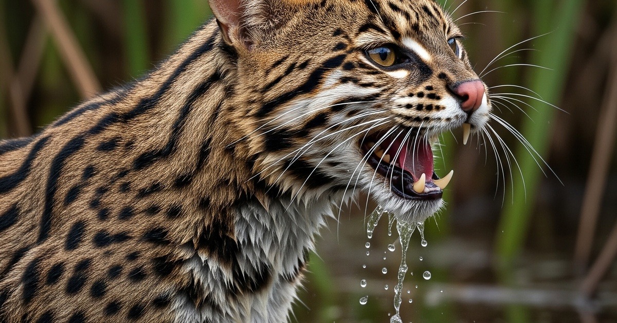 Close-up of a wet fishing cat emerging from shallow marsh water with a fish