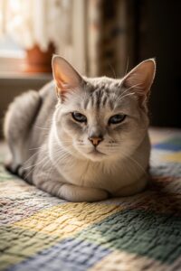 An elderly long-haired cat resting peacefully on a soft blanket near a sunny window