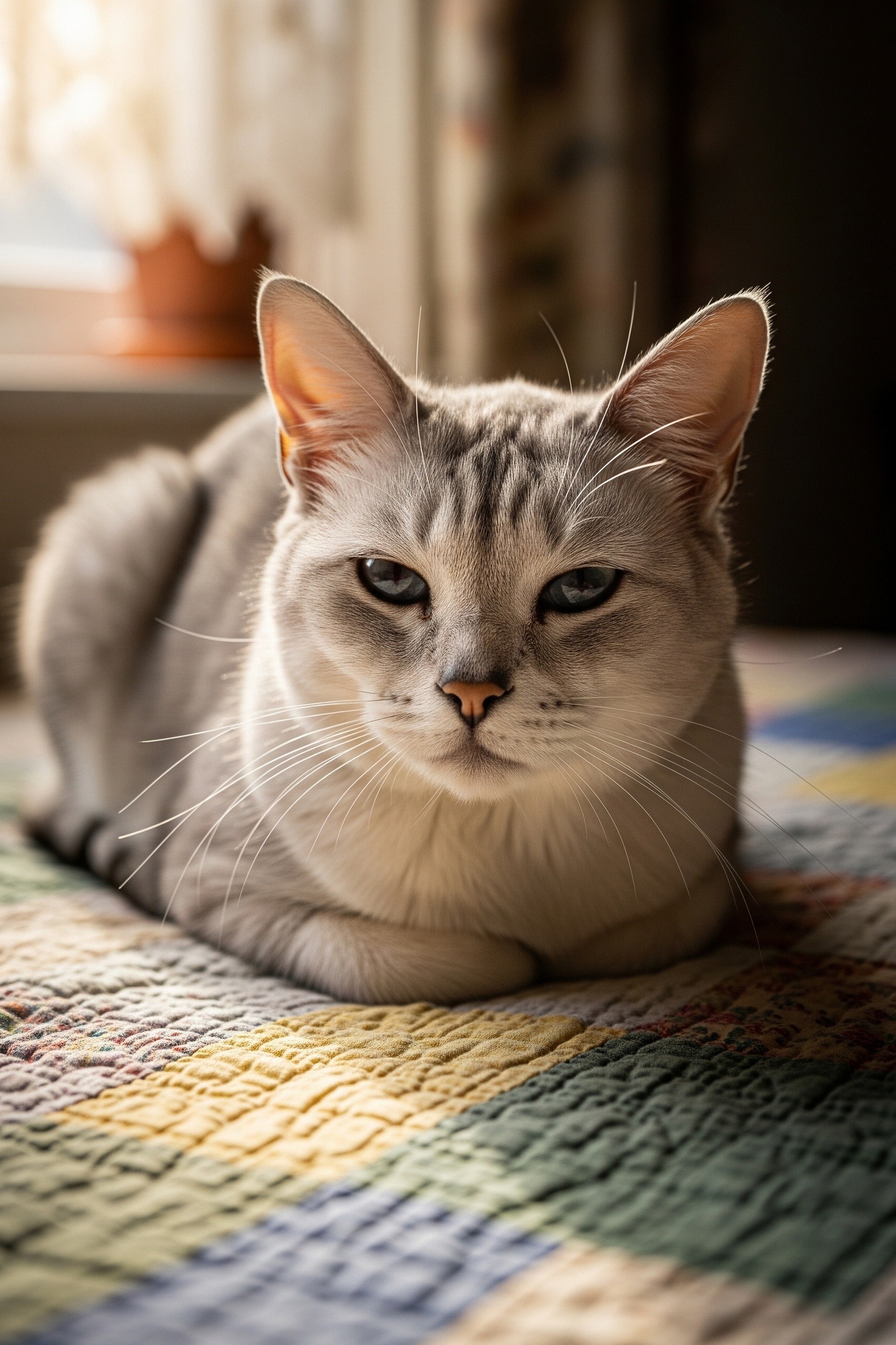 An elderly long-haired cat resting peacefully on a soft blanket near a sunny window