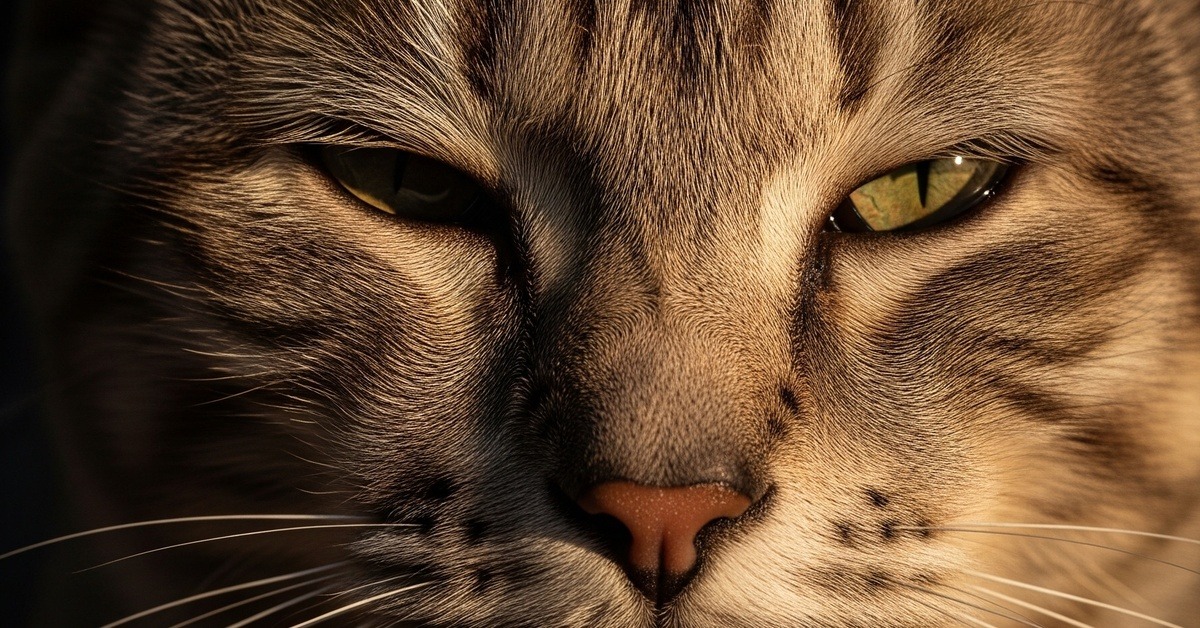 Close-up of a senior cat with wise, aged eyes and silvery fur texture
