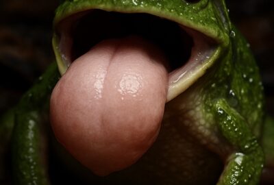 Close-up of a frog everting its stomach through its mouth in dramatic detail