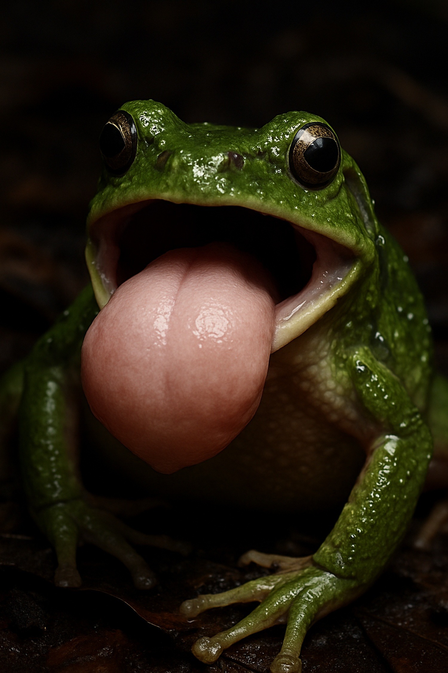 Close-up of a frog everting its stomach through its mouth in dramatic detail