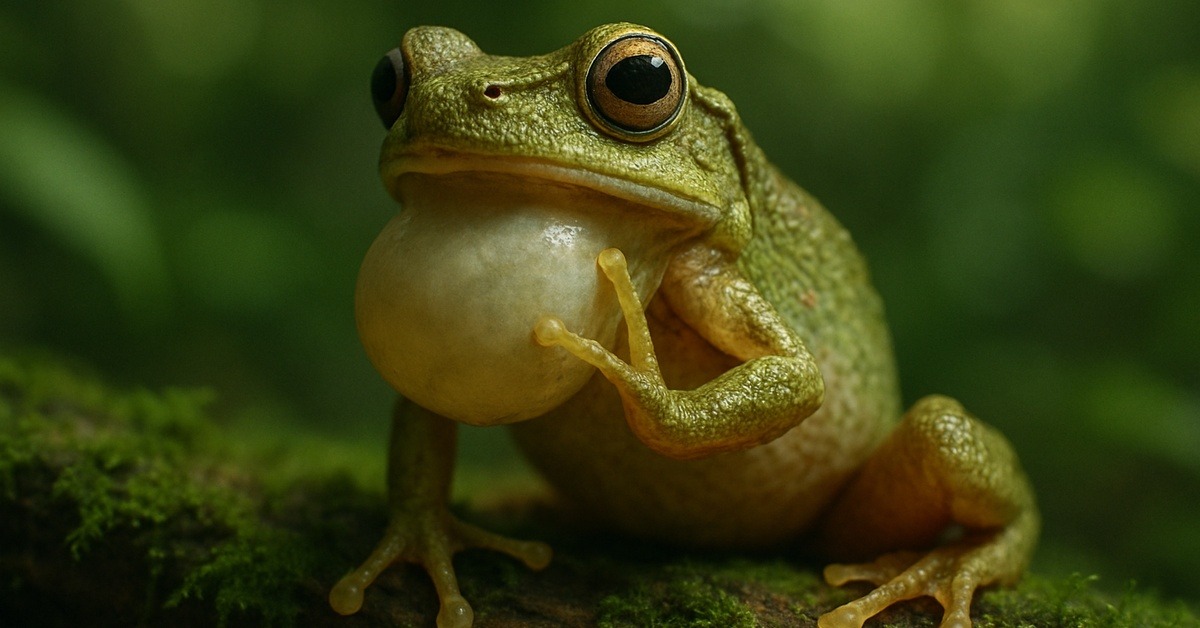 Tree frog using its front leg to wipe its everted stomach clean outdoors