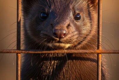 A mink peering through wire cage bars on a European fur farm at dusk