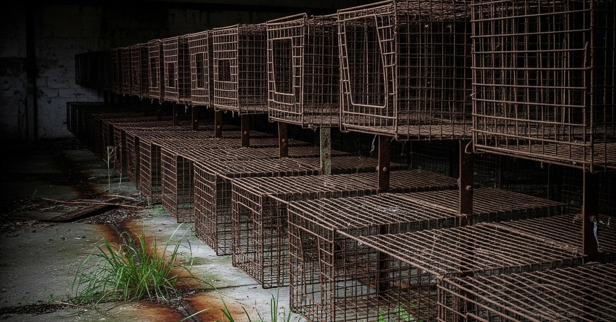 Empty abandoned fur farm shed with rusted wire cages and overgrown weeds