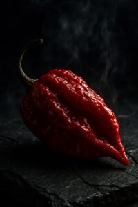 Extreme close-up of a deep red ghost pepper on a dark dramatic background