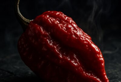 Extreme close-up of a deep red ghost pepper on a dark dramatic background