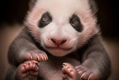 Tiny newborn giant panda cub resting under a warming lamp at a conservation center
