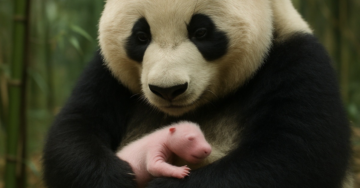 Mother giant panda cradling her pink translucent newborn cub against her chest