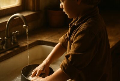 A young child washing dishes at a kitchen sink with focused determination