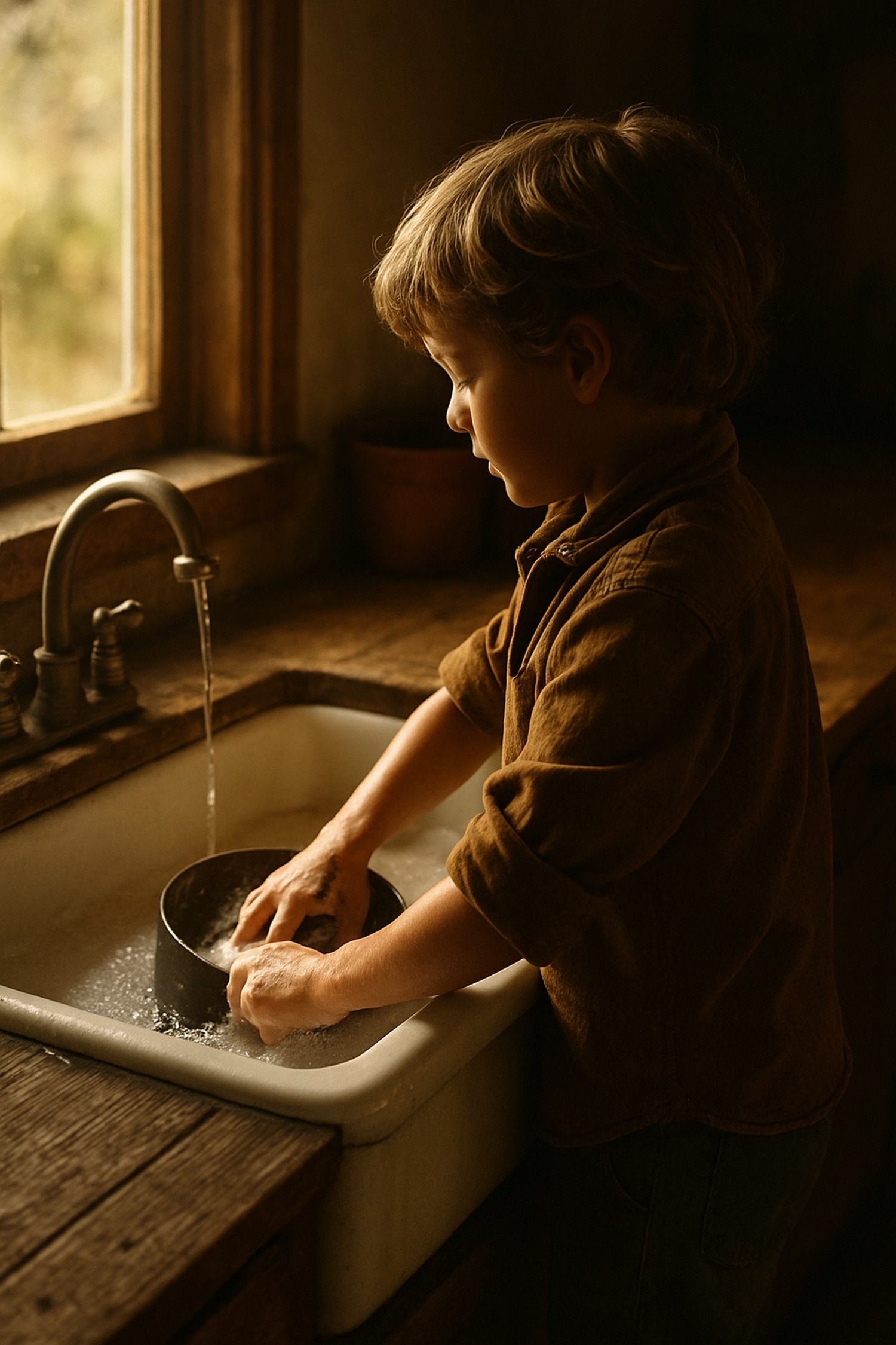 A young child washing dishes at a kitchen sink with focused determination