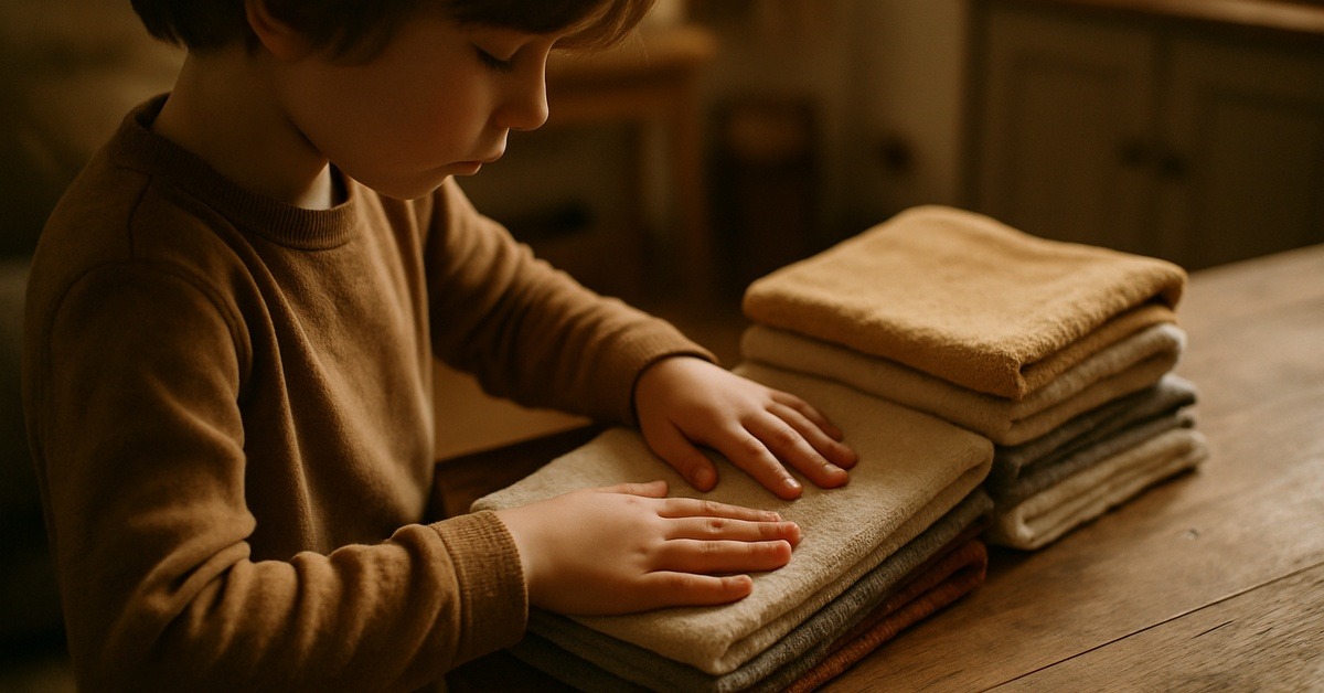 Child folding laundry independently in a warm sunlit home setting