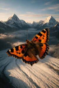 Small tortoiseshell butterfly flying above snow-covered Himalayan peaks at extreme altitude