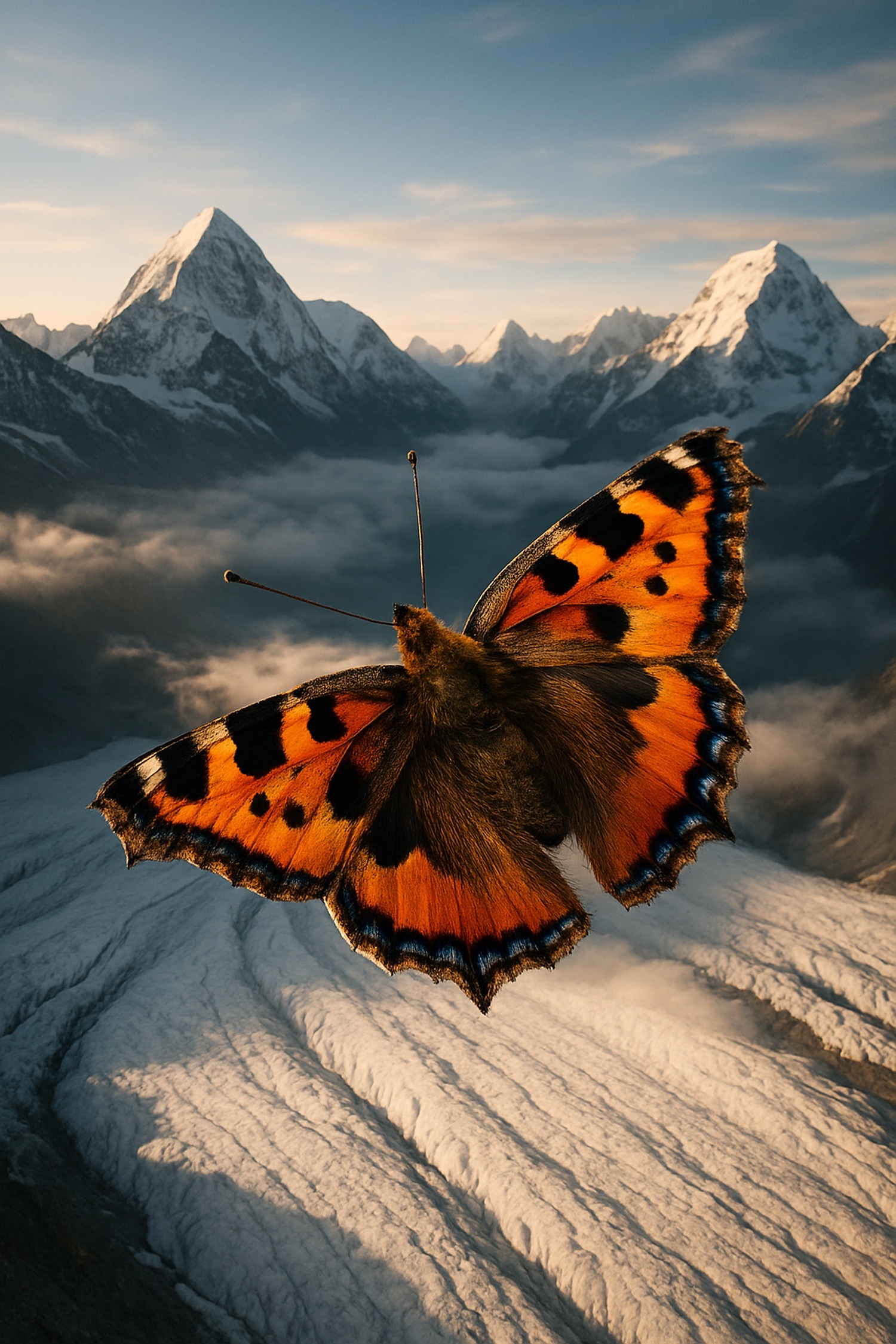 Small tortoiseshell butterfly flying above snow-covered Himalayan peaks at extreme altitude