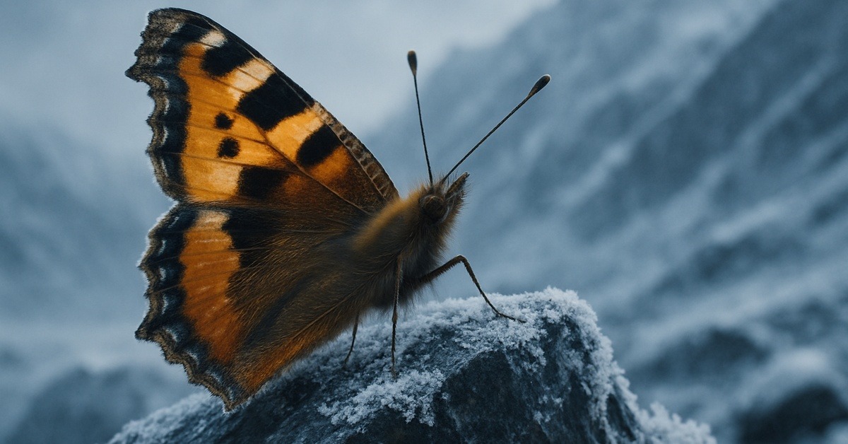 Close-up of tortoiseshell butterfly wings against a backdrop of icy glacier mountain air