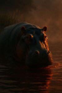 Close-up of a massive hippo emerging from murky African river water at dusk