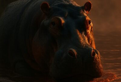 Close-up of a massive hippo emerging from murky African river water at dusk