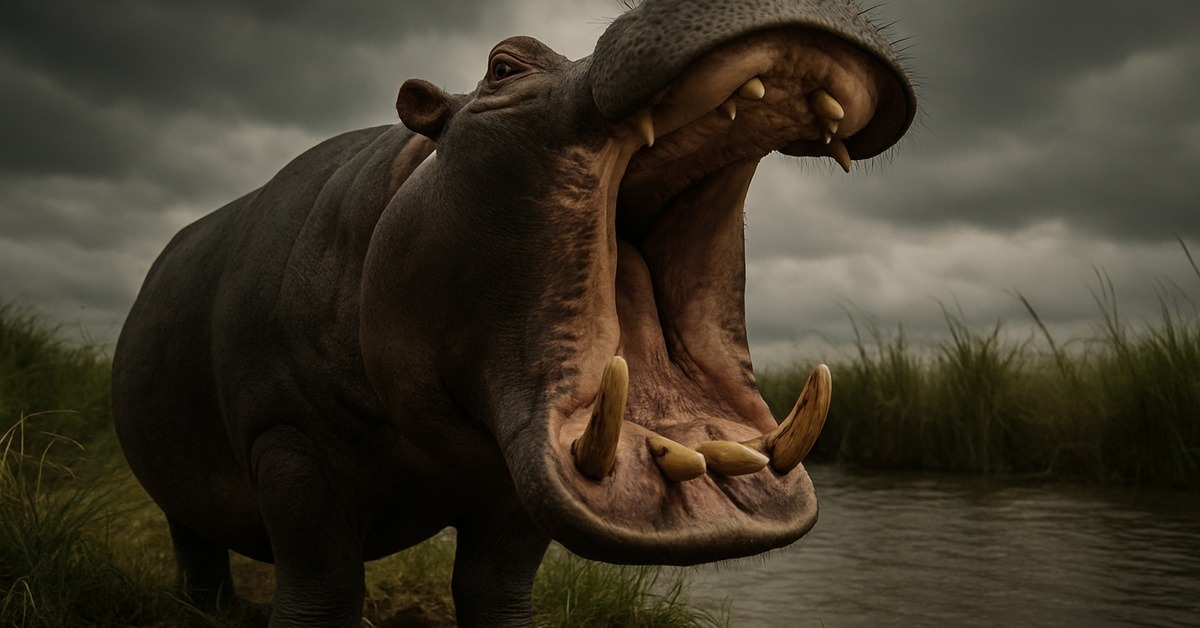 Hippo jaw wide open showing enormous teeth and terrifying bite force