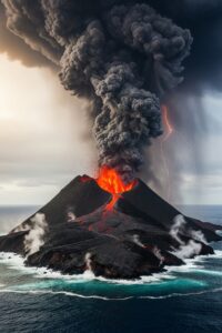 Steaming new volcanic island rising from Pacific Ocean surrounded by discolored water
